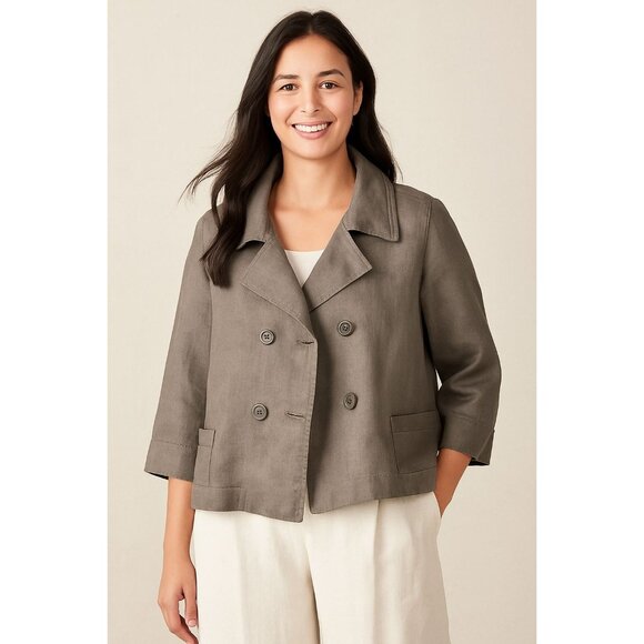 Cropped Safari Trench Style 100% Linen Double-Breasted Jacket‎ Coastal Luxe Gray - Picture 1 of 11
